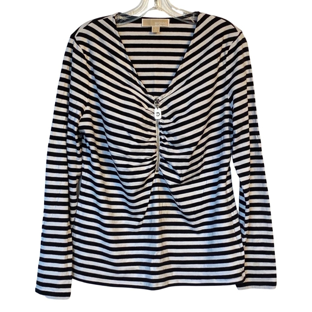 Michael Kors large black and white striped zip front v-neck top